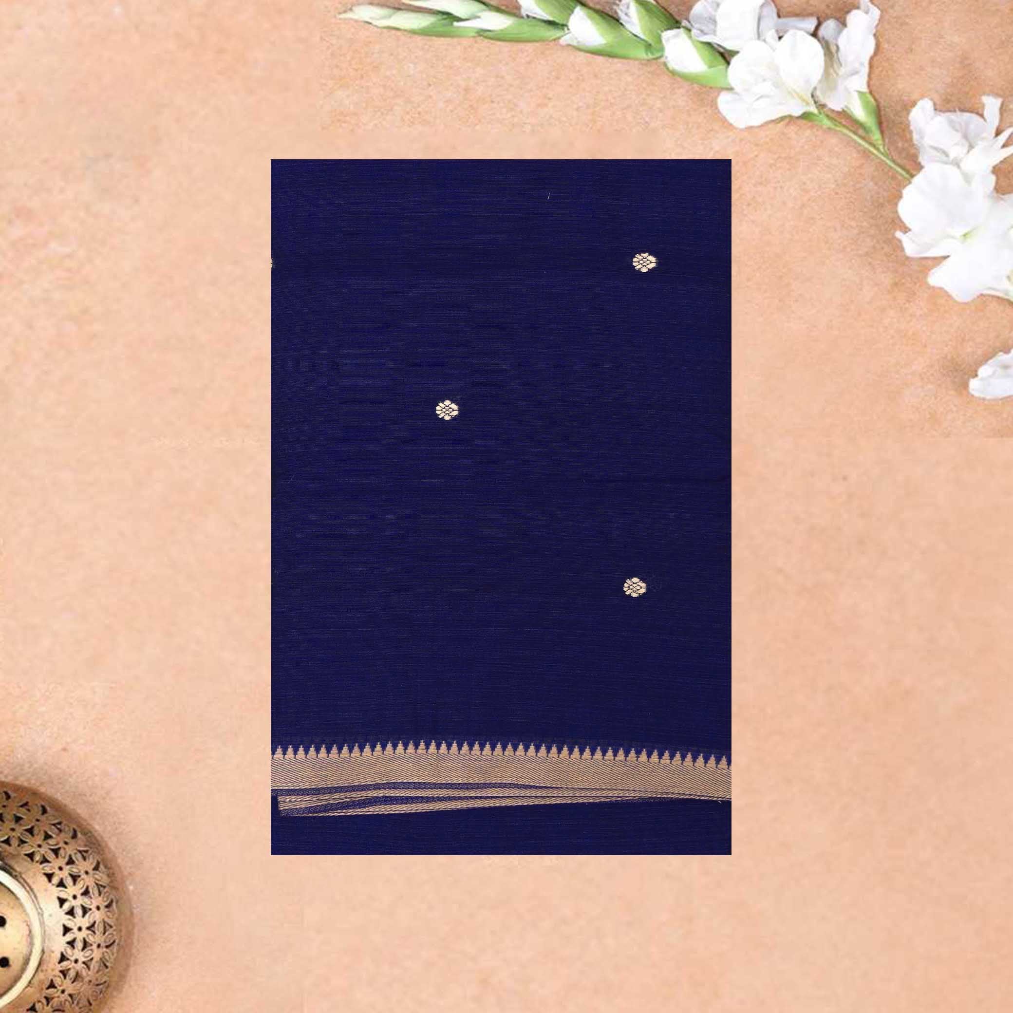 Navy blue Traditional Narayanpet Cotton Saree with Contrast Border