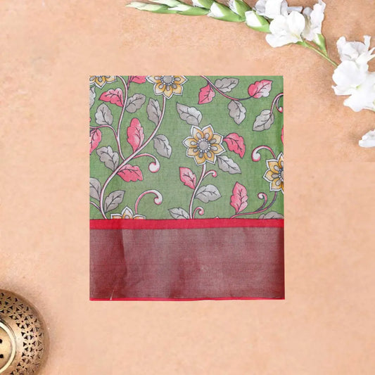 Pure Tussar Silk Saree Light Green Shade And Dark Red With Floral Design and Painted Prints and Zari Woven Border