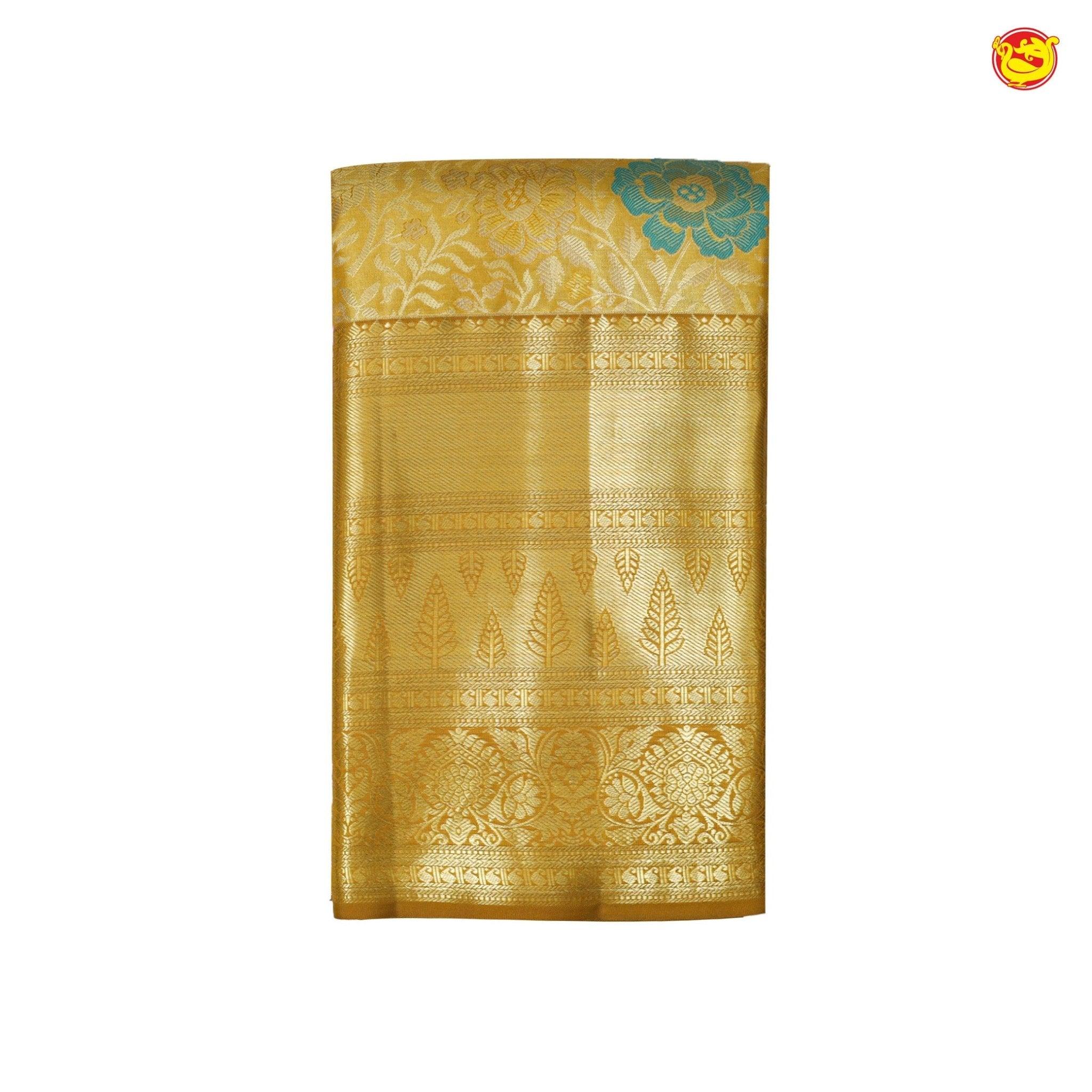 Gold With Multicolour Buttas Floral Motifs Gold Zari Long Border Pure Kanjivaram Subhalaya Wedding Silk Saree