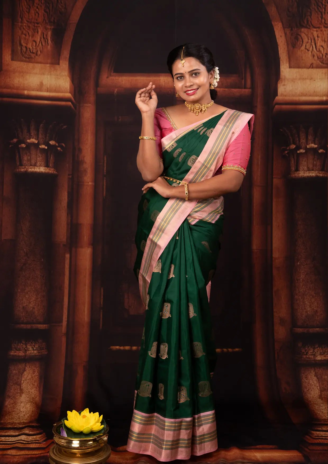 Dark Green With  Peach Copper Zari Border  Soft Silk Saree