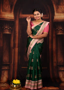 Dark Green With  Peach Copper Zari Border  Soft Silk Saree
