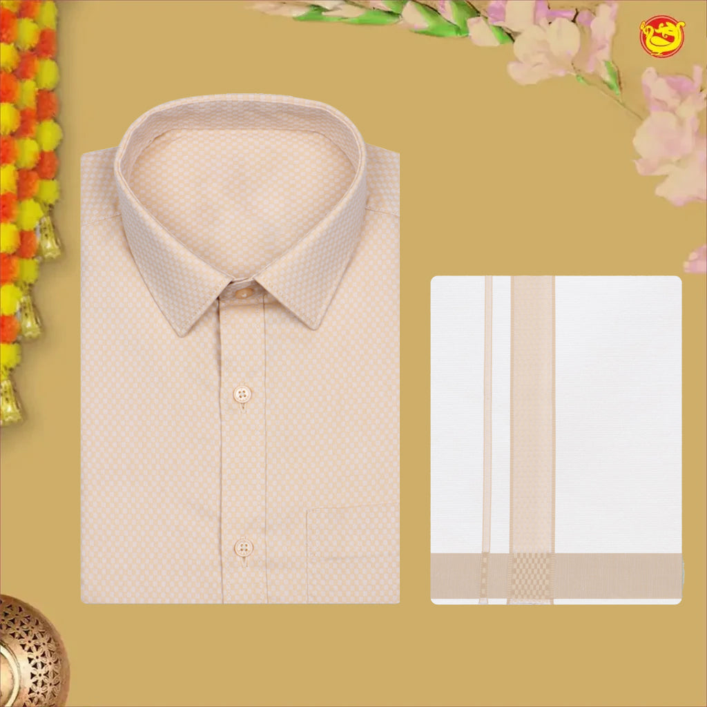 Peach With White Dhoti Readymade Small Checked Shirt And Matching Border Dhoti Set for Men