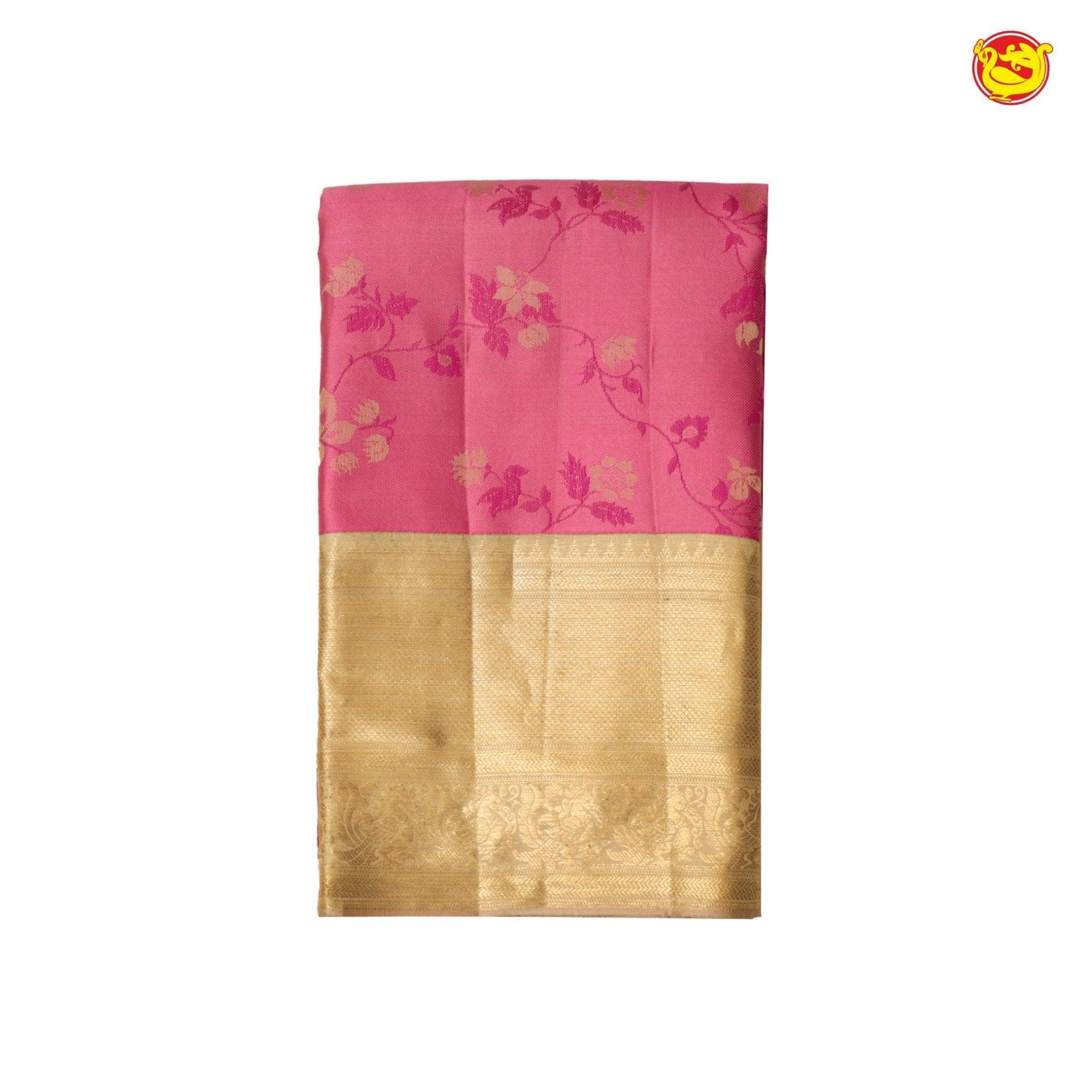 Pink With Gold Floral Motifs Gold Zari Pure Kanjivaram Subhalaya Soft Silk Saree - Thenianantham