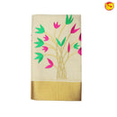 Southloom Exclusive Onam Kasavu Saree with Pink & Green Floral High Quality Embroidery Across Body (Matching Plain Blouse Included) - Thenianantham