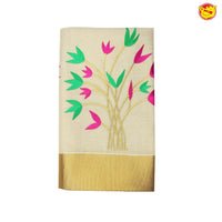 Southloom Exclusive Onam Kasavu Saree with Pink & Green Floral High Quality Embroidery Across Body (Matching Plain Blouse Included) - Thenianantham