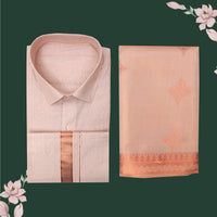 Couple Combo Tissue Silk Set – Men’s Shirt & Dhoti with Matching Women’s Saree With Coral  Colour With Copper Zari Border