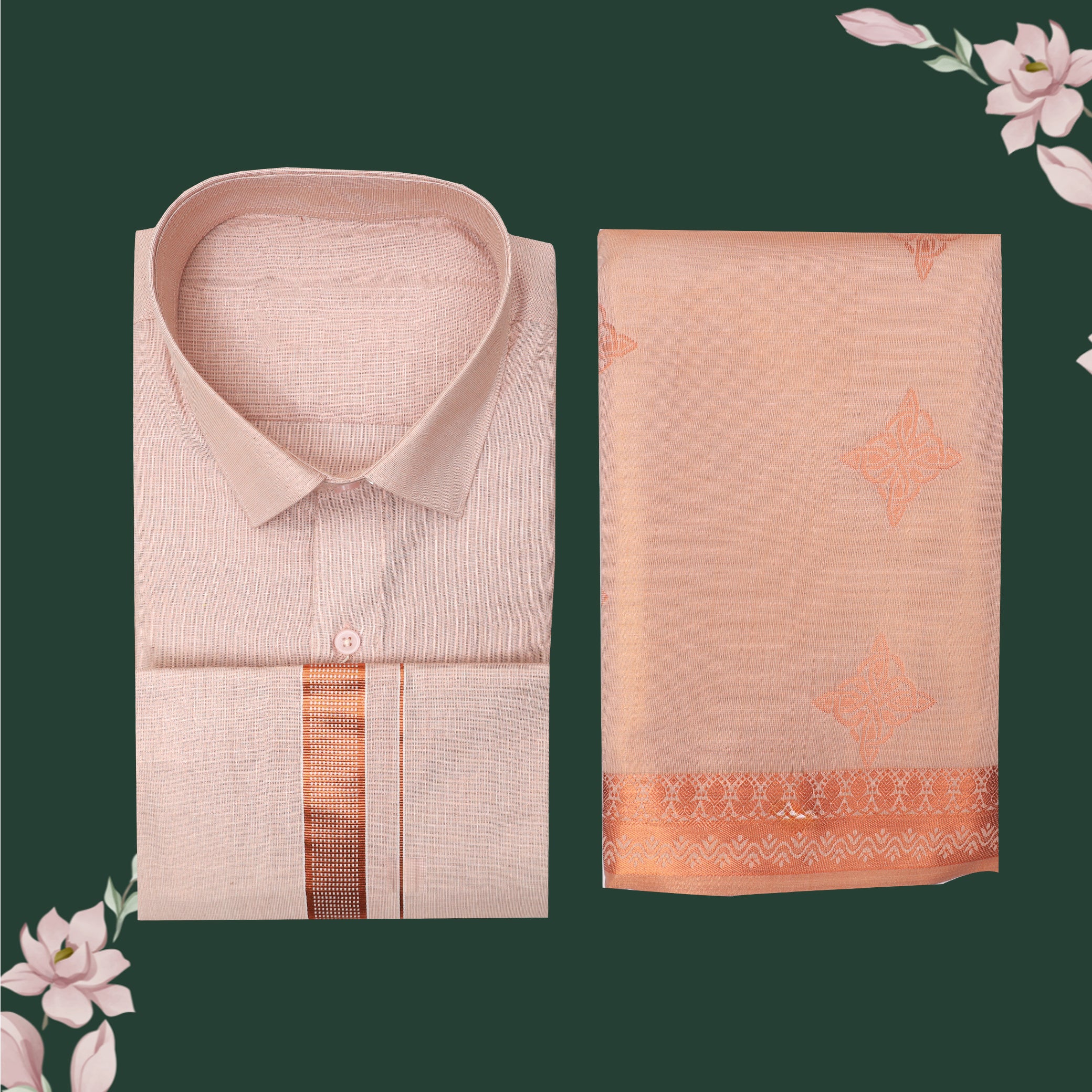 Couple Combo Tissue Silk Set – Men’s Shirt & Dhoti with Matching Women’s Saree With Coral  Colour With Copper Zari Border