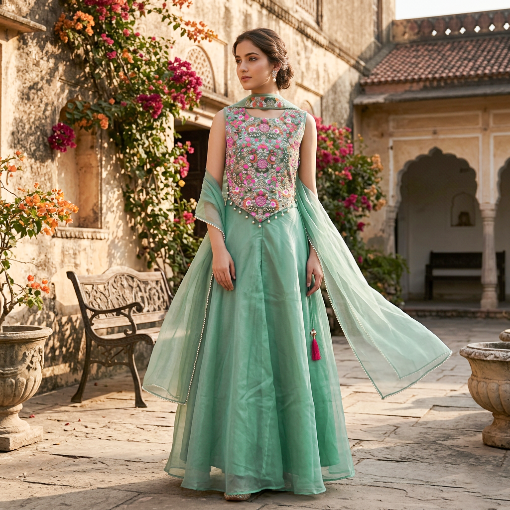 Pistachio Green Color Girls Branded Readymade Sharara set