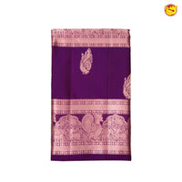 Light Brown With Purple Checked Peacock Motifs Copper Zari Long Border Pure Kanjivaram Soft Silk Saree - Thenianantham