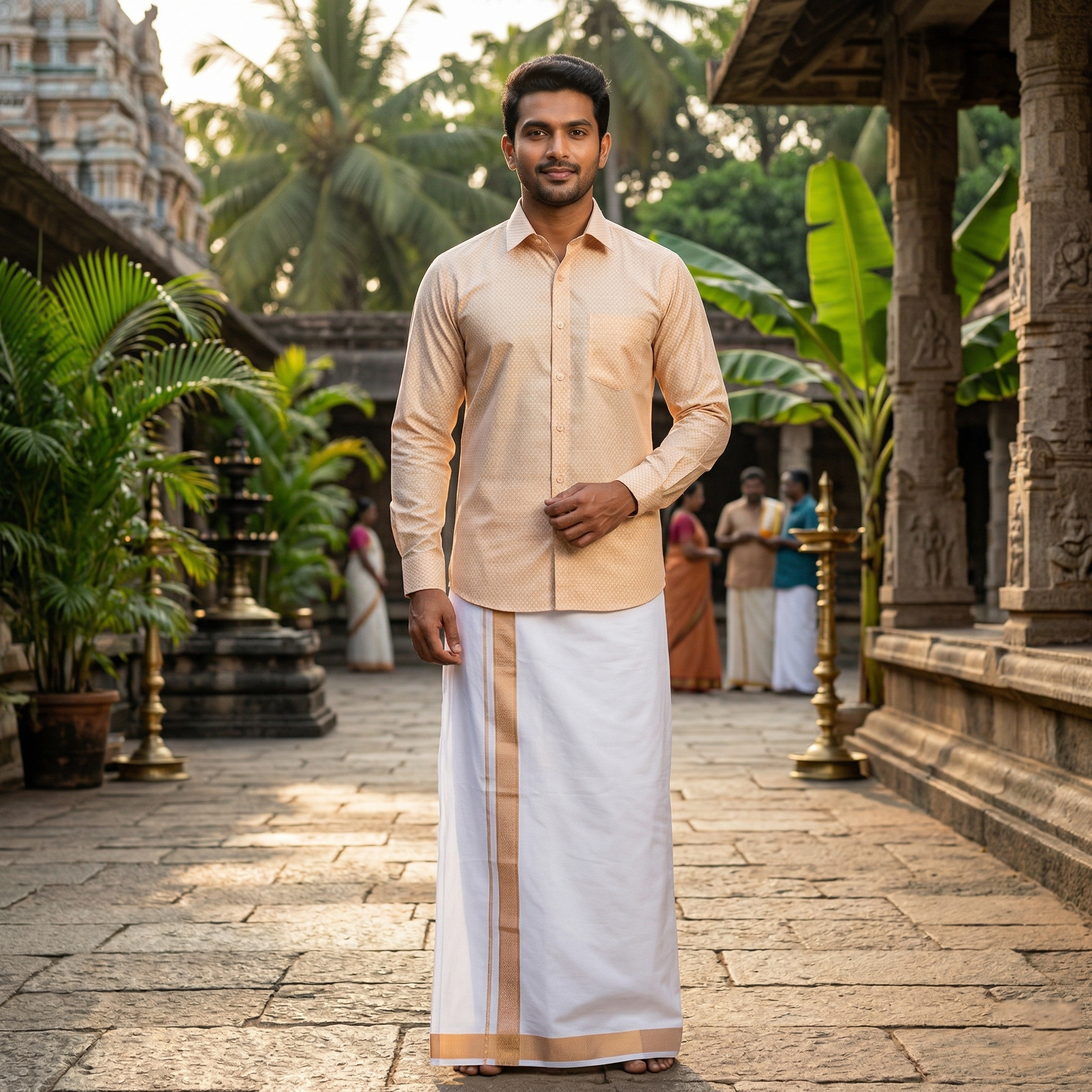 Peach With White Dhoti Readymade Small Checked Shirt And Matching Border Dhoti Set for Men