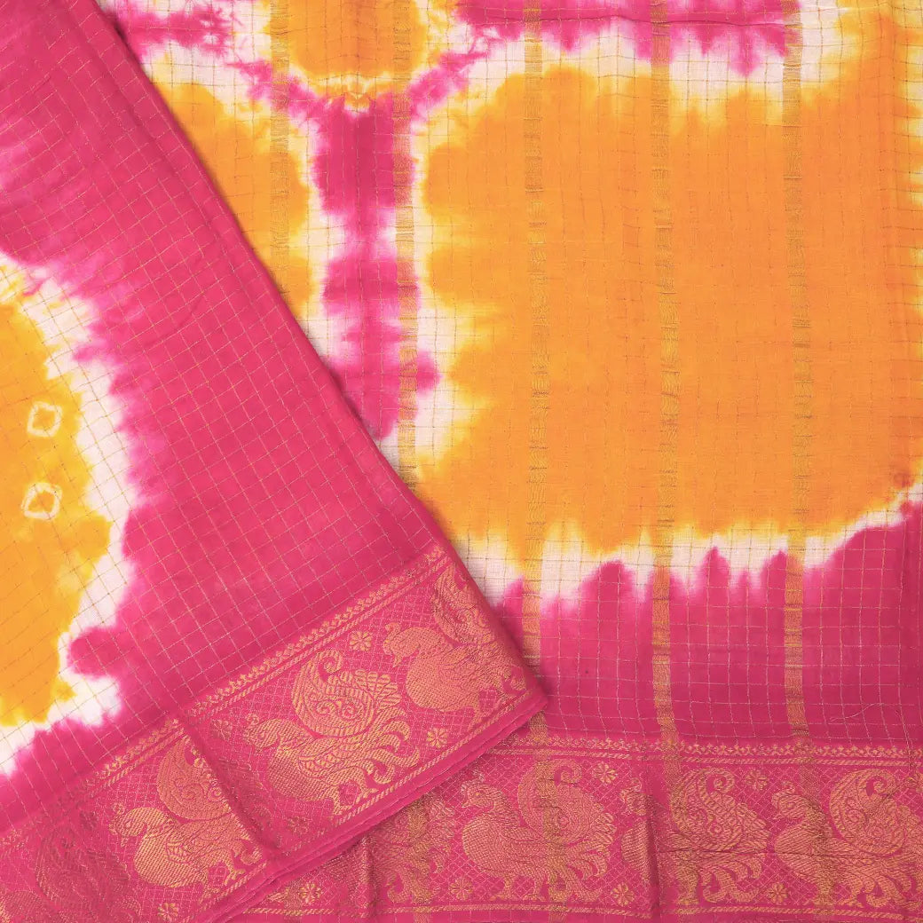 Orange and Pink Sungudi Cotton Saree without Blouse