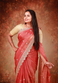 Orange  Colour Organza Tissue Saree