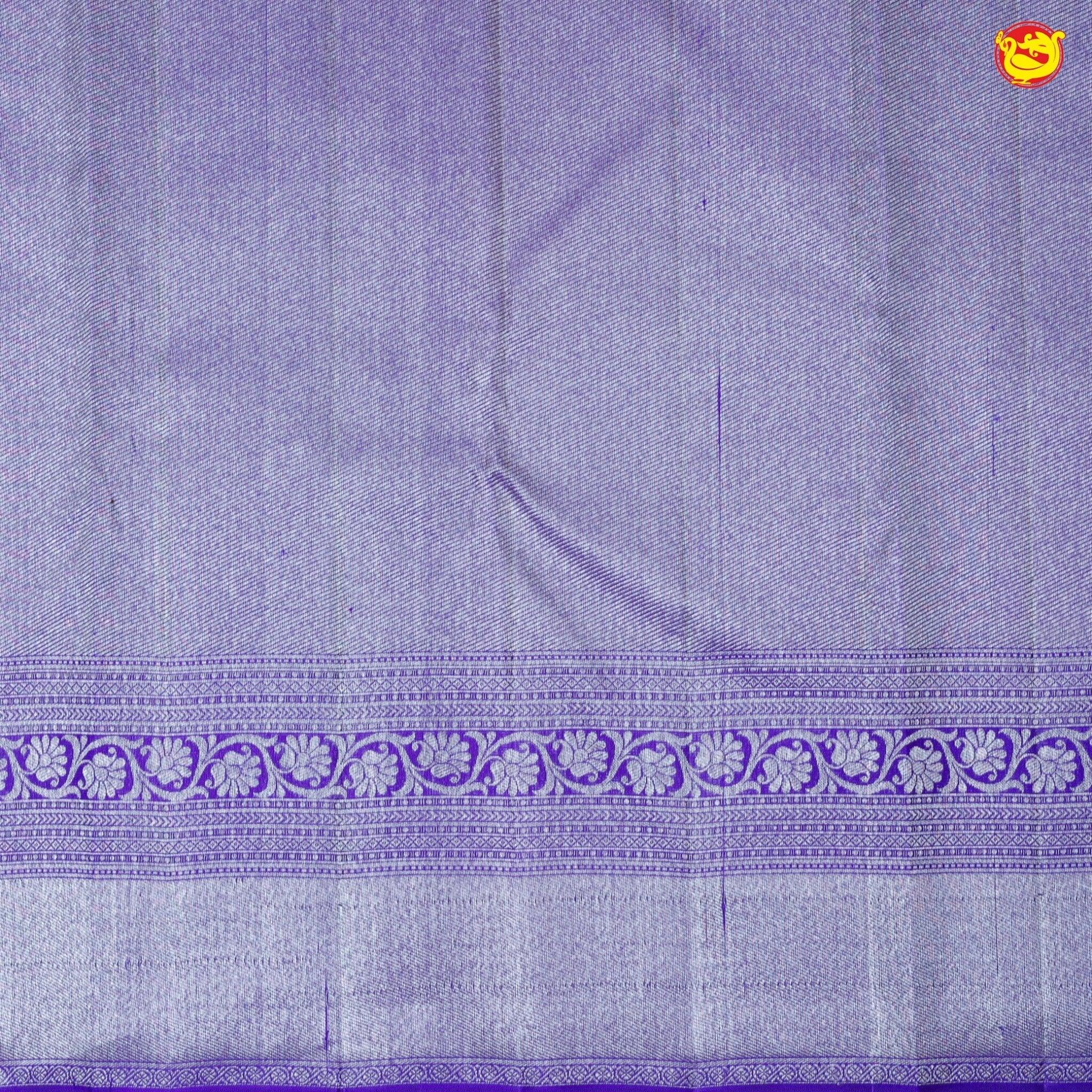 Light Blue With Purple Blend Checked Floral Motifs Silver Zari Border Pure Kanjivaram Subhalaya Wedding Silk Saree - Thenianantham