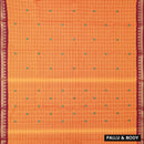 Mustard Yellow-Orange with Maroon Checked Pattern Pure Chettinad Cotton Saree without Blouse