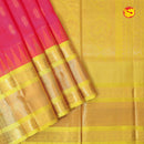 Dark Tomato Pink & Lemon Yellow With Gold Zari Floral Buttas Pure Silk Cotton Saree