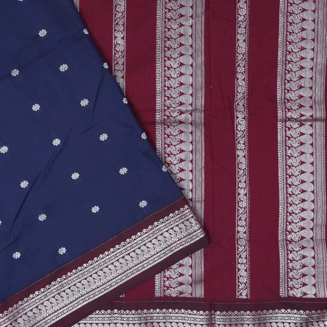 Navy Blue  With Maroon   Premium Quality Kalyani Cotton Saree