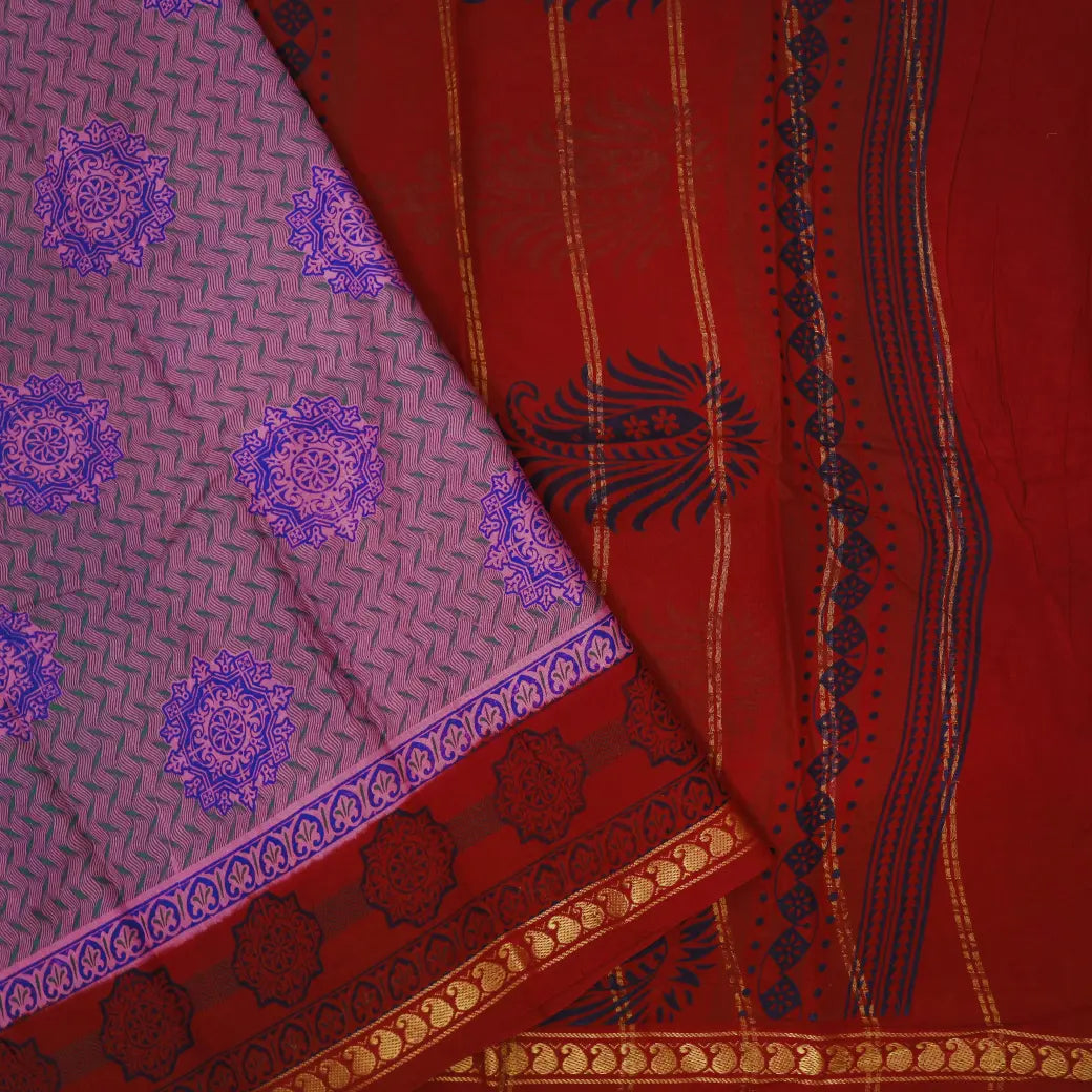 Lavender with Red  Mul Mul Cotton Saree without Blouse