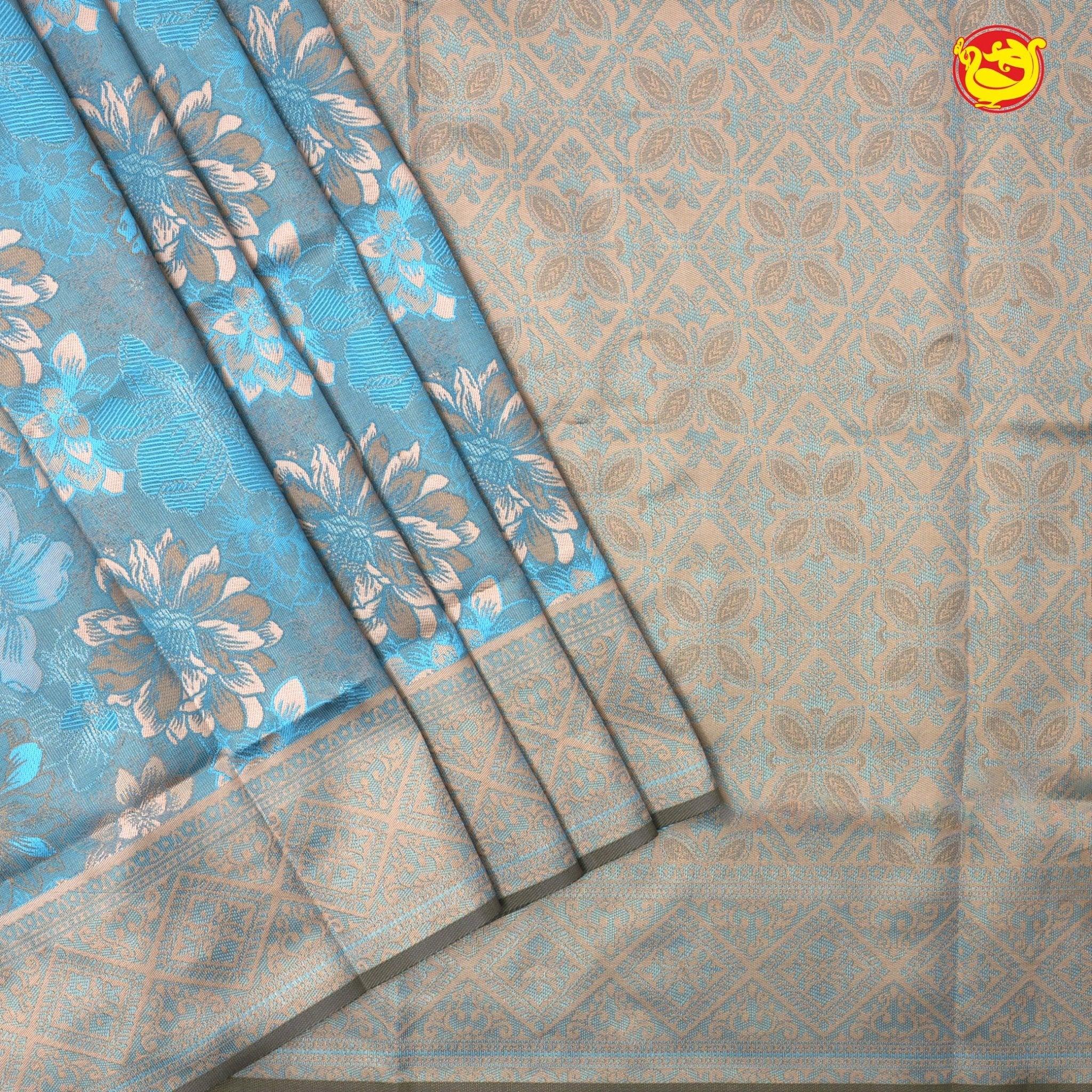 Sky Blue With Light Brown Semi Silk Set Sarees