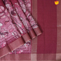 Dark Onion Pink With Floral Design Zari Border Digital Print Semi Linen Saree