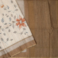 Off white with Brown floral design Semi Chanderi Silk Saree