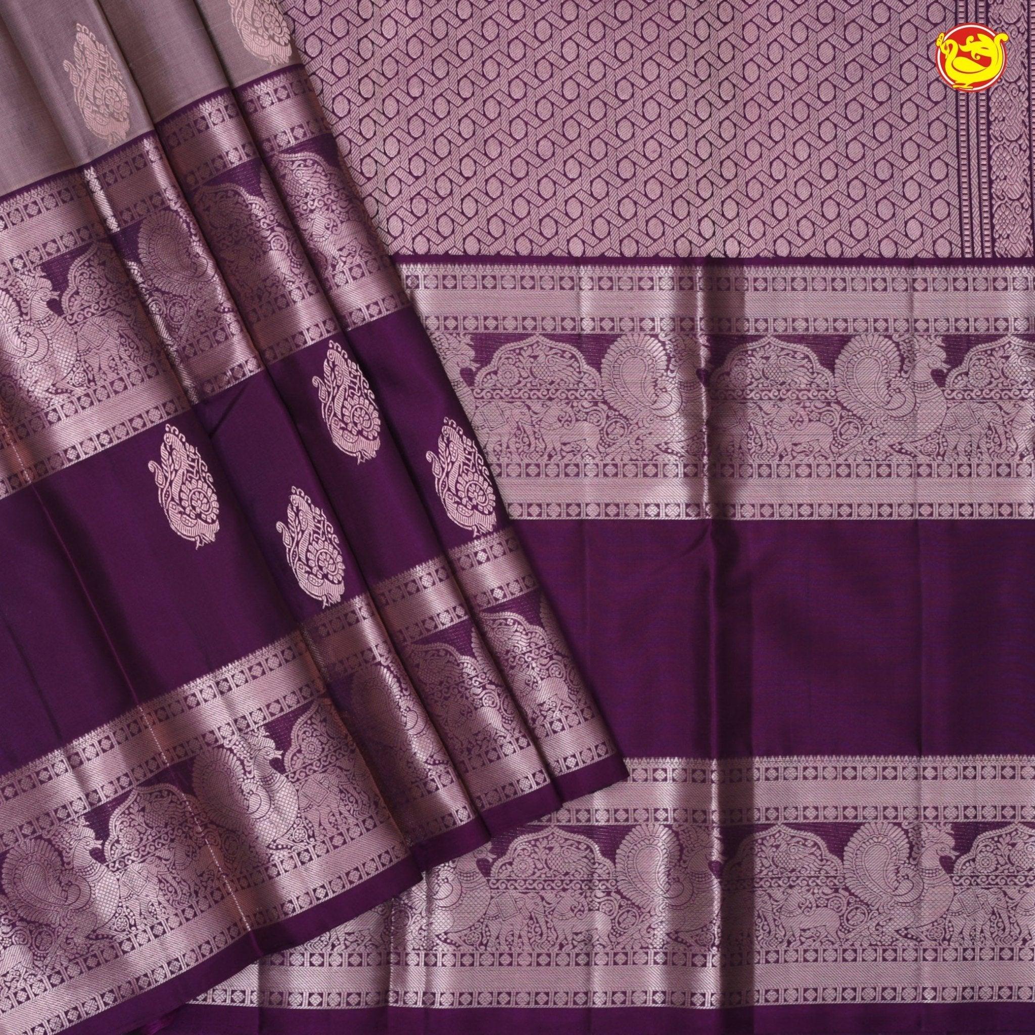 Light Brown With Purple Checked Peacock Motifs Copper Zari Long Border Pure Kanjivaram Soft Silk Saree - Thenianantham