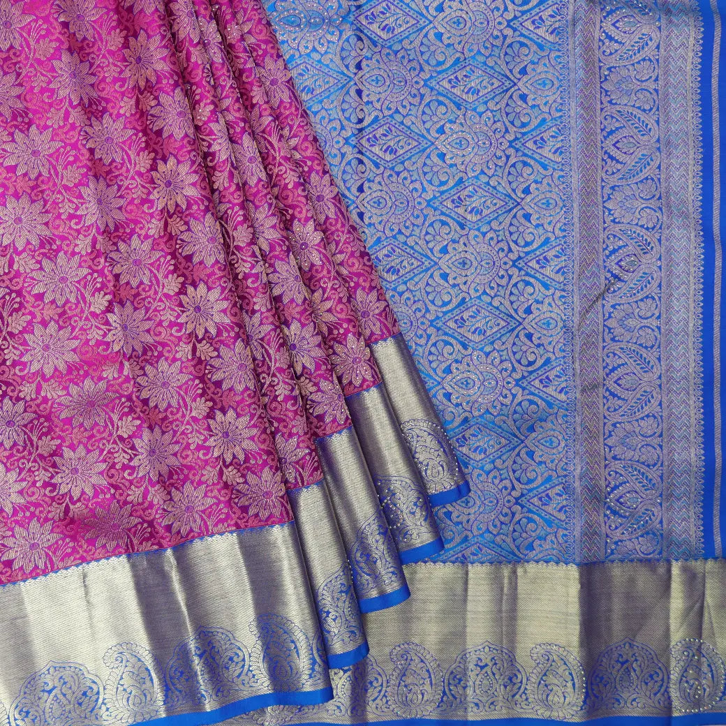 Purple  with Blue Gold Zari Border Wedding Silk Saree