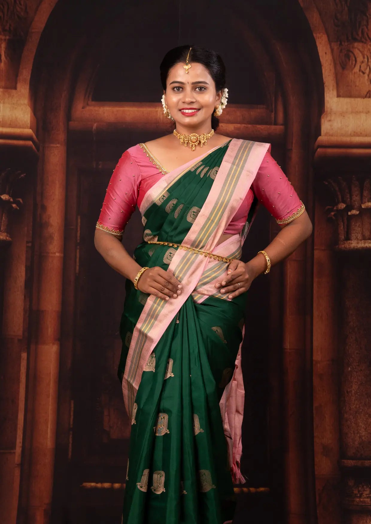 Dark Green With  Peach Copper Zari Border  Soft Silk Saree