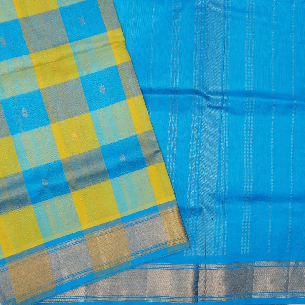 Sky blue & Yellow Checked Pattern Arani Silk Cotton Saree