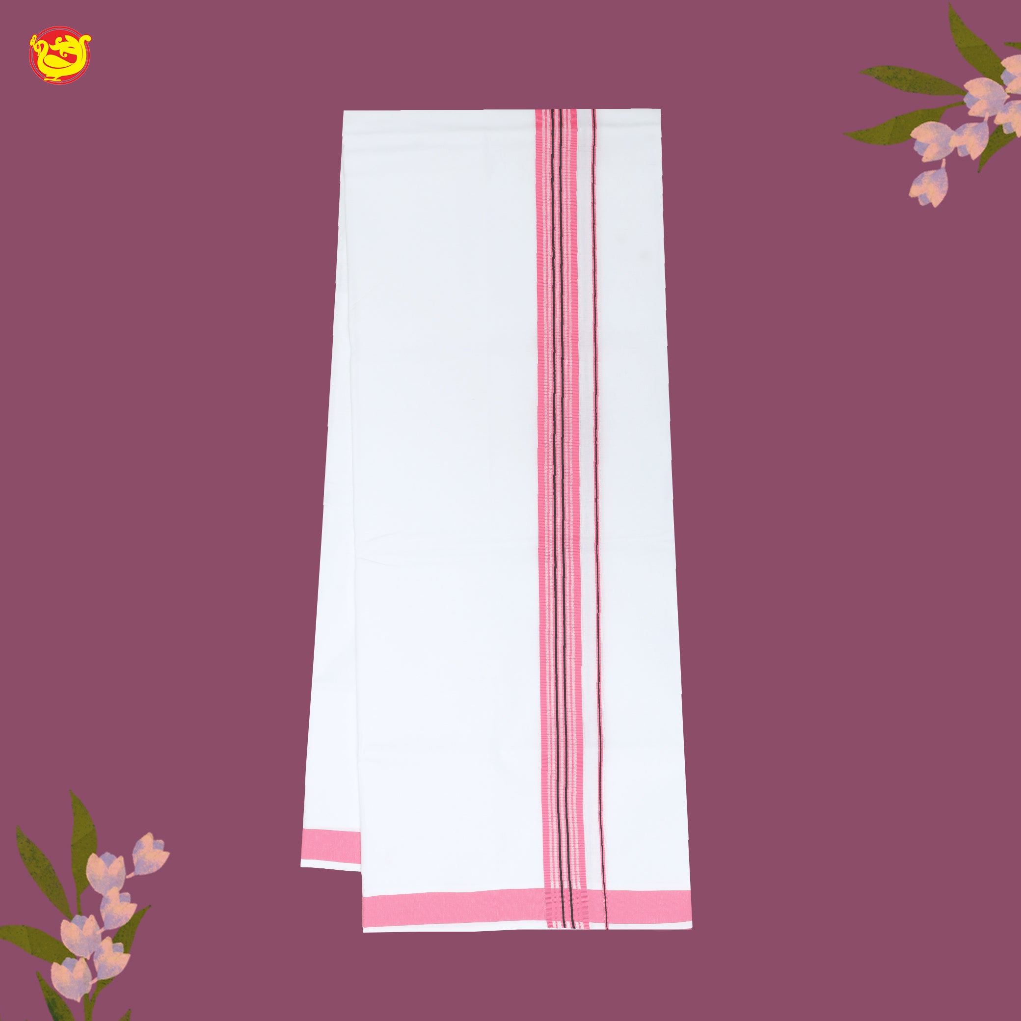 White with Pink Fancy Border Single Layer Cotton Men’s Dhoti