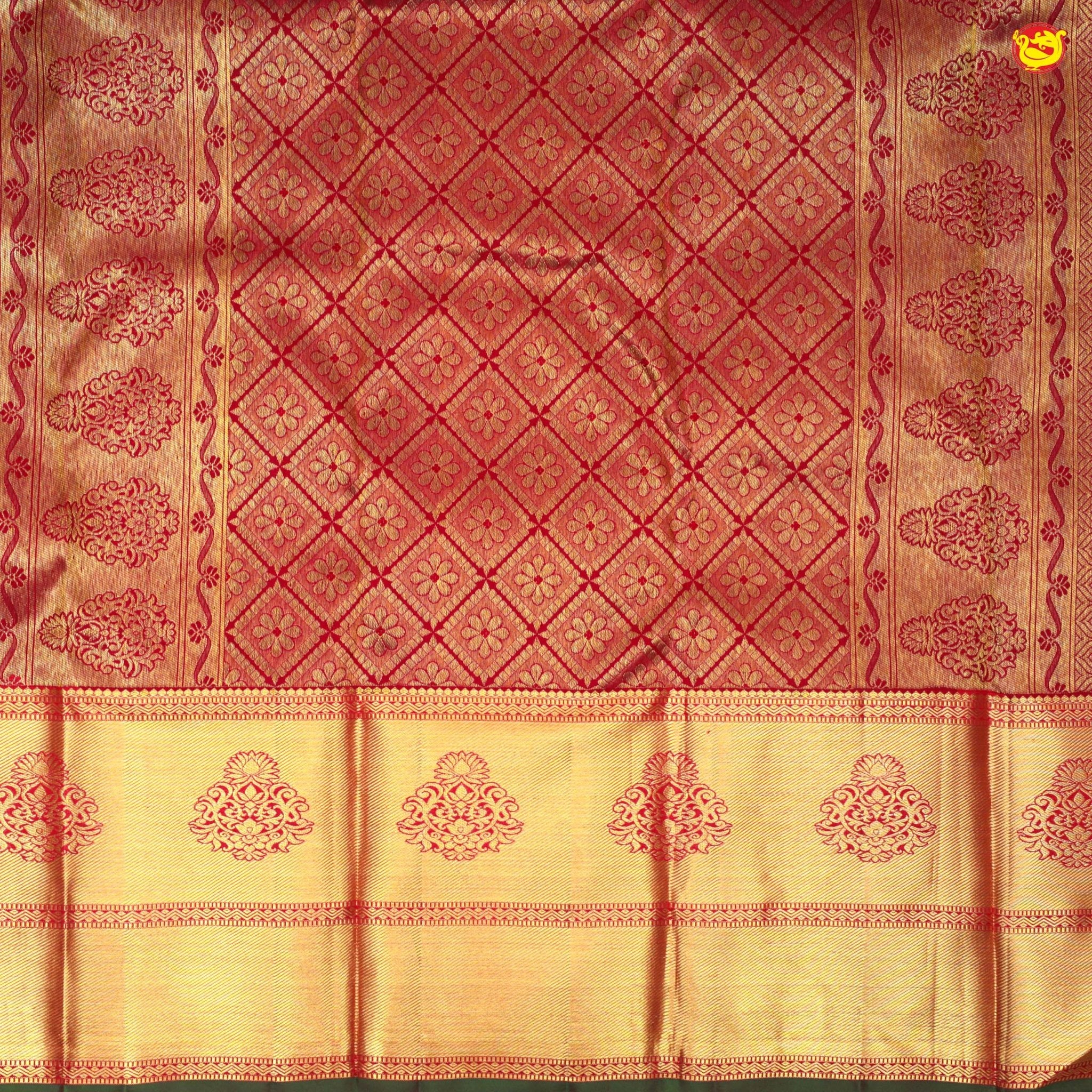 Dark Red With Floral Motifs Gold Zari Long Border Pure Kanjivaram Subhalaya Wedding Silk Saree - Thenianantham