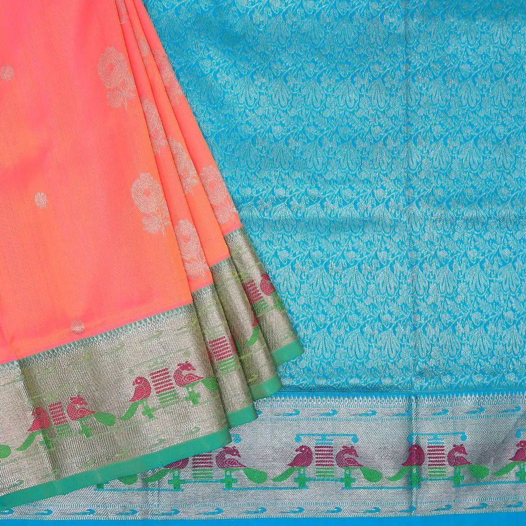 Mild double shaded Orange with sky blue Venkatagiri soft silk saree