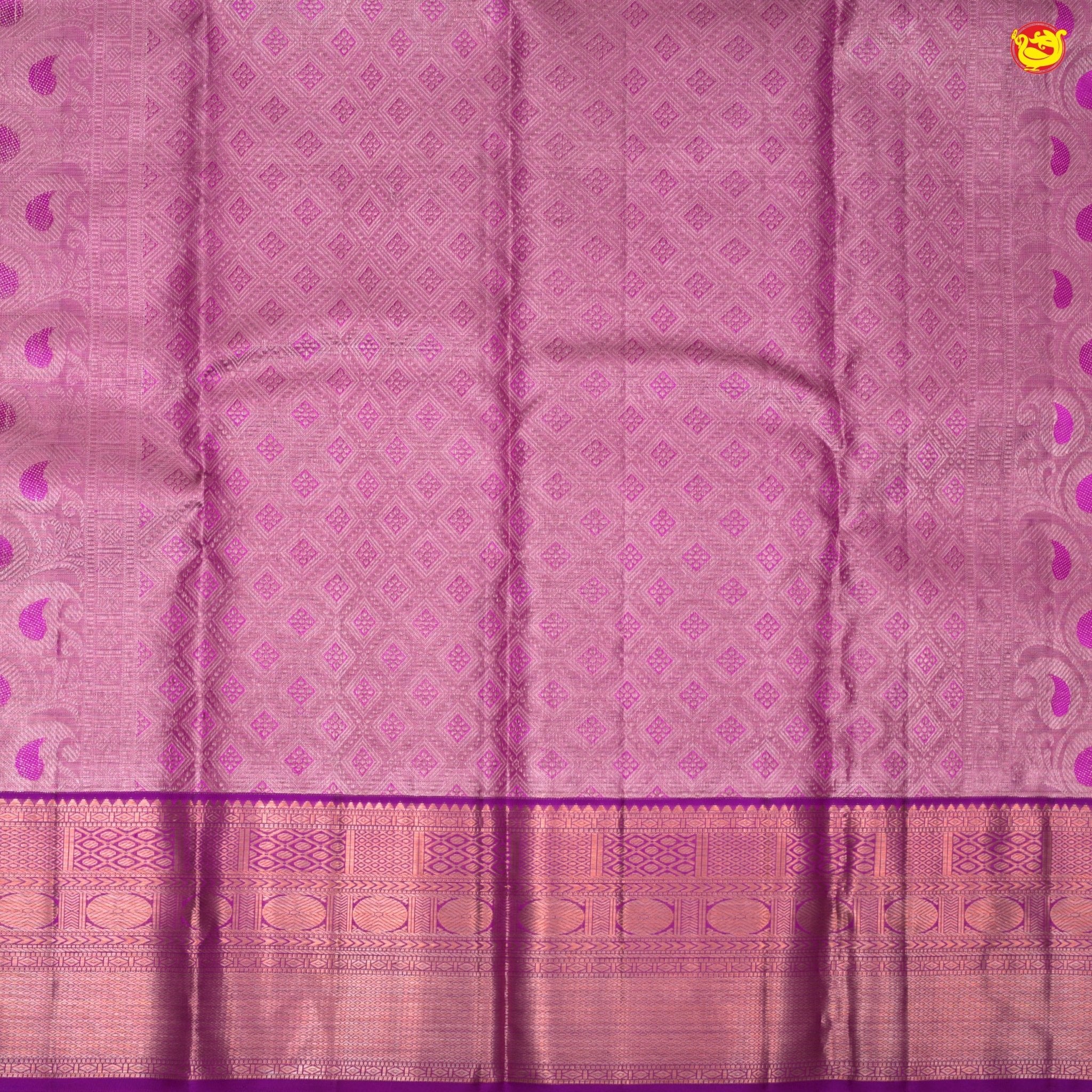 Purplish Pink With Jacquard Pattern Floral Motifs Gold Zari Border Pure Kanjivaram Subhalaya Wedding Silk Saree - Thenianantham