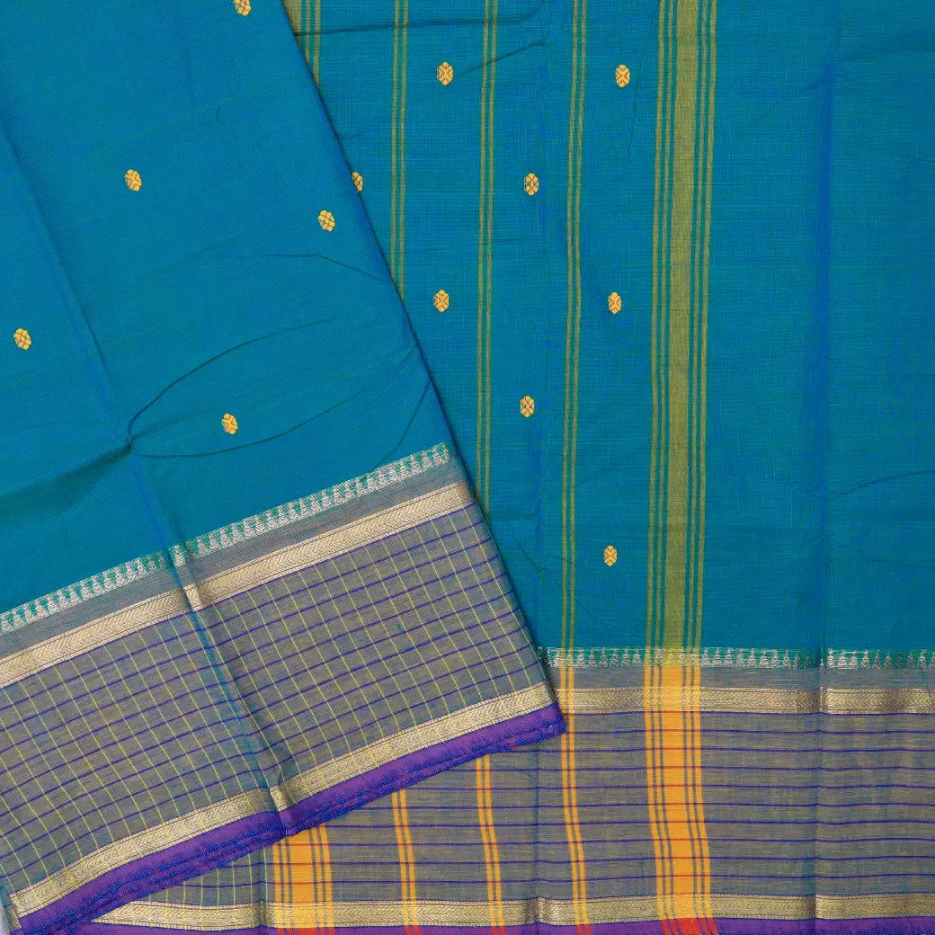 Peacock Blue with Purple Pure Chettinad Cotton Saree without Blouse