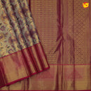 Gold with magenta border pure Kanchipuram silk saree with floral motifs - Thenianantham