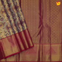 Gold with magenta border pure Kanchipuram silk saree with floral motifs - Thenianantham