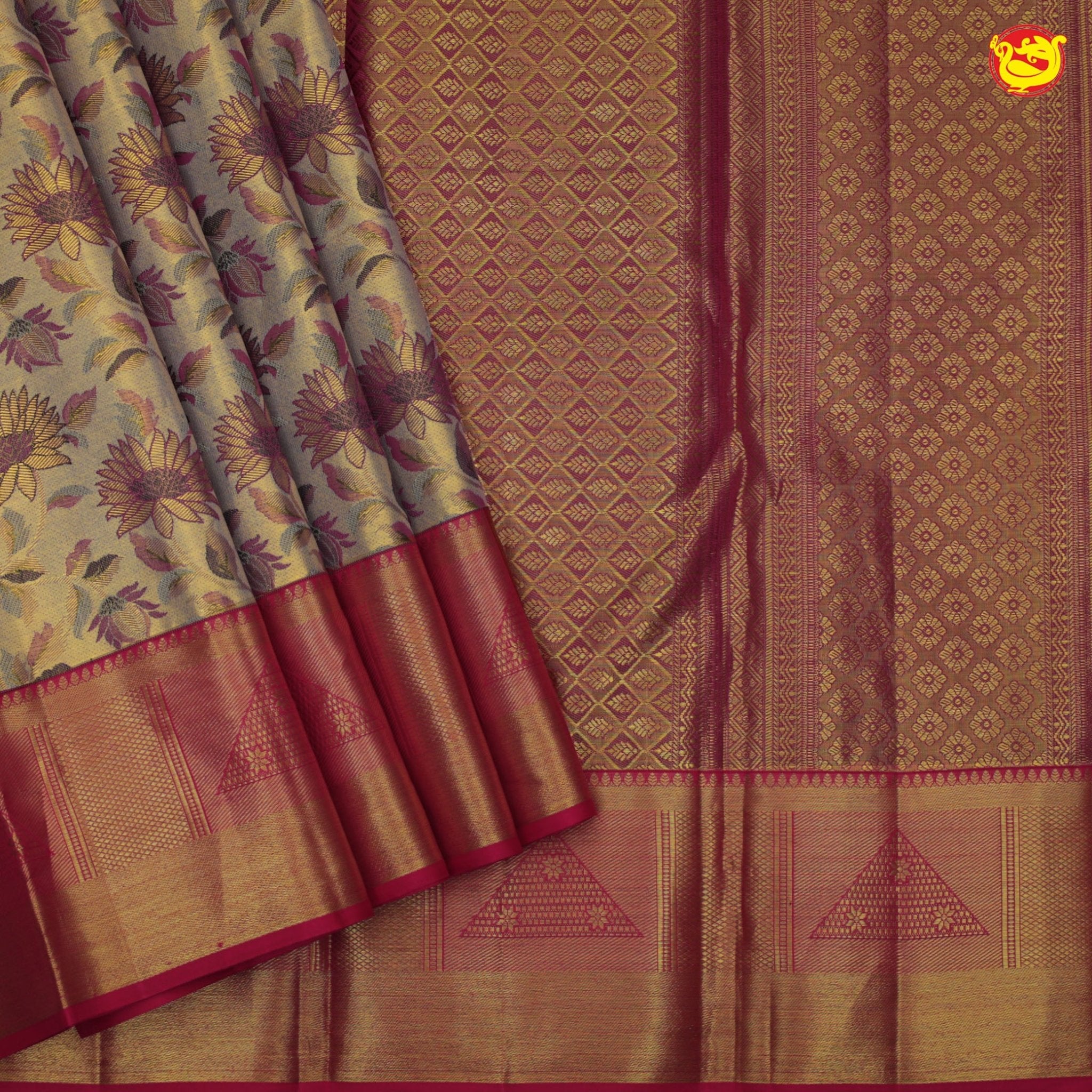 Gold with magenta border pure Kanchipuram silk saree with floral motifs