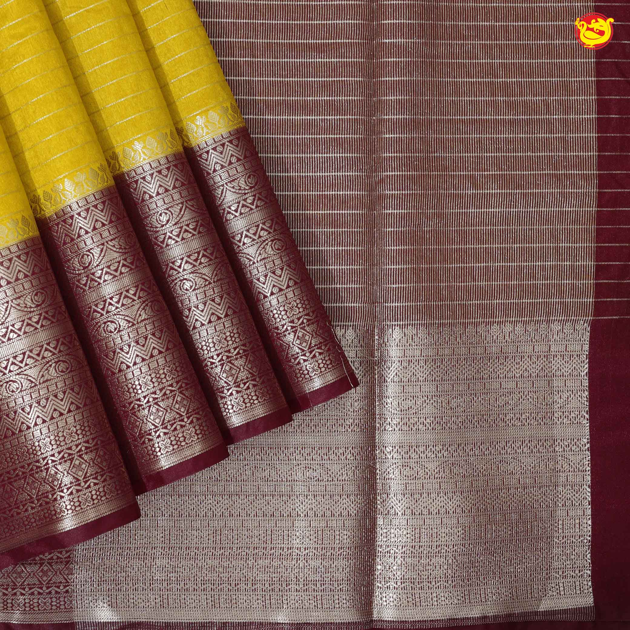 Mustard Yellow With Dark Maroon Stripes Design Semi Silk Blend Saree With Double Blouse Concept