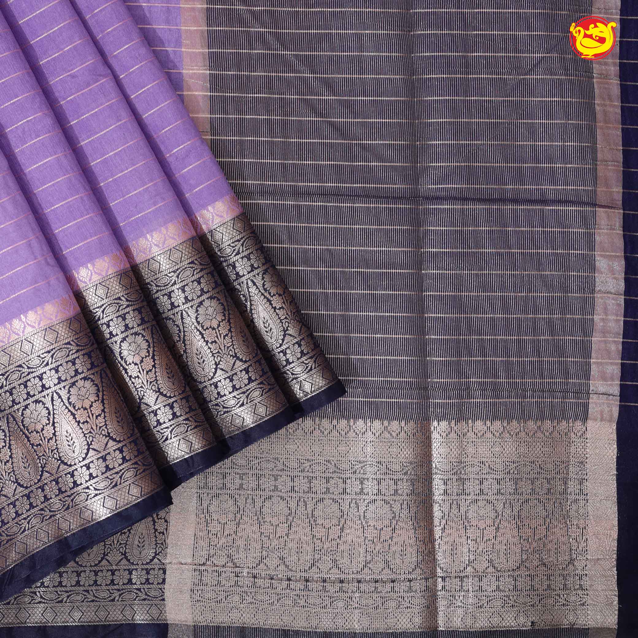 Lavender With Navy Blue Stripes Design Semi Silk Blend Saree With Double Blouse Concept