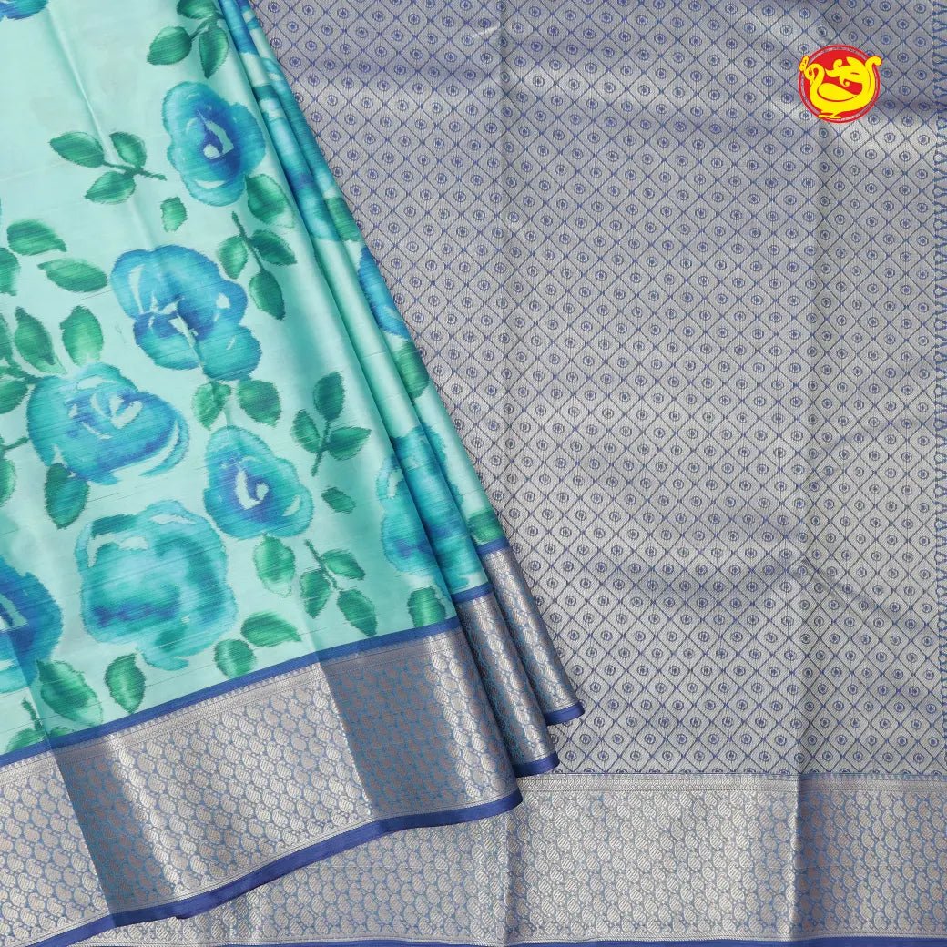 Light Blue With Peacock Blue Digital Print Soft Silk Saree