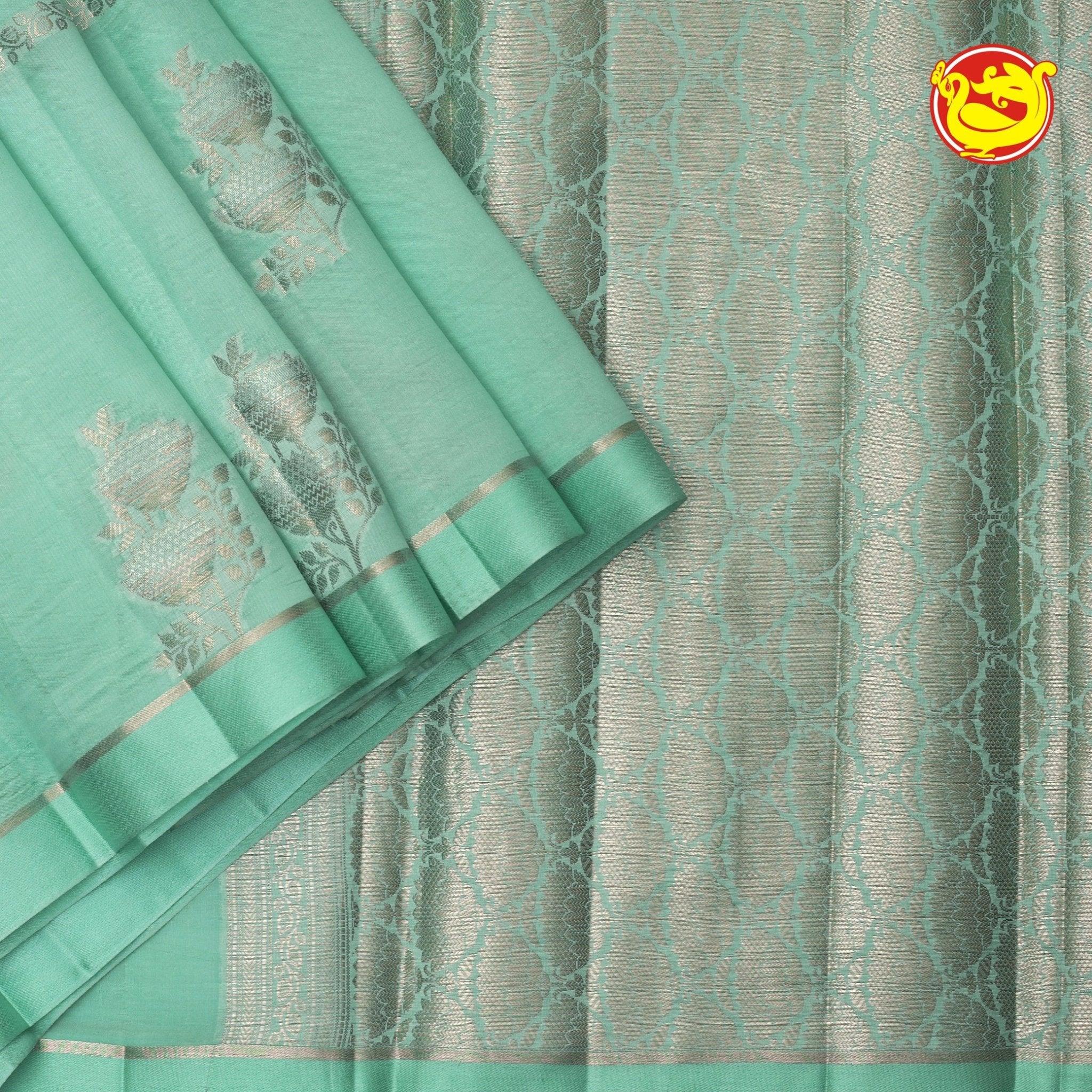 Pista Green Dupion Saree With All Over Unique Zari Buttas & Intricate Pallu