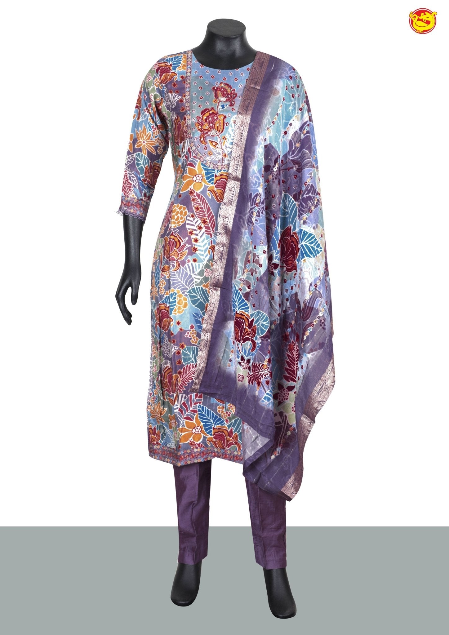 Purple With Floral Digital Print and Handwork Ladies Branded Readymade Straight Cut Chudi Set