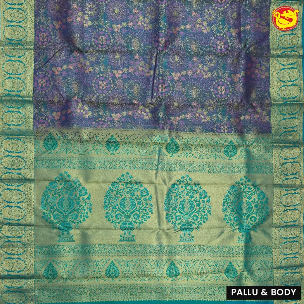 Greyish blue with green borderKanchipuram silk saree