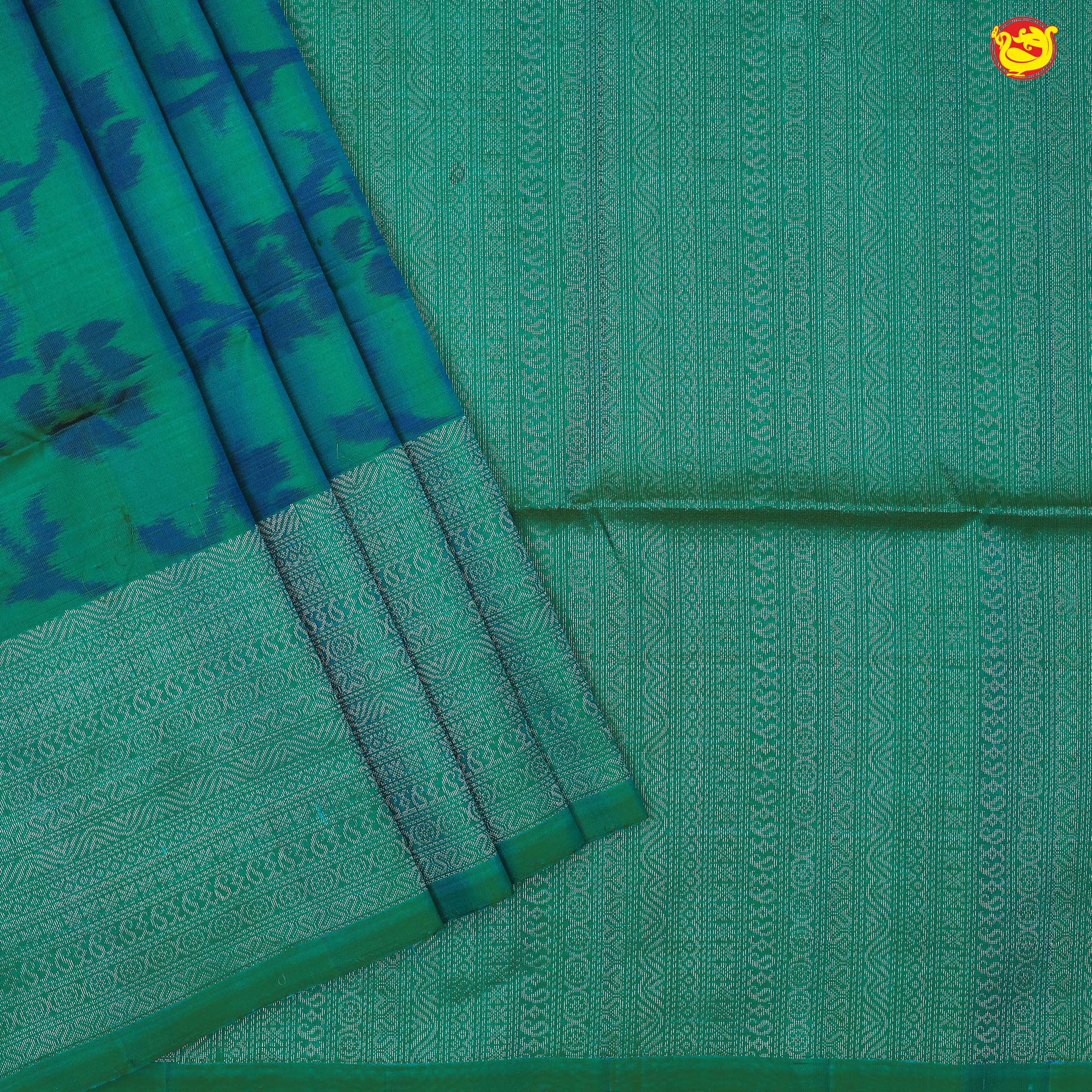 Pochampally Silk Saree Dual Shade Of Bluish Green and Blue with Allover Ikat Weaves and Silver Zari Woven Border