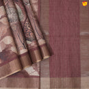 Dark Brown With Floral Design Zari Border Digital Print Semi Linen Saree