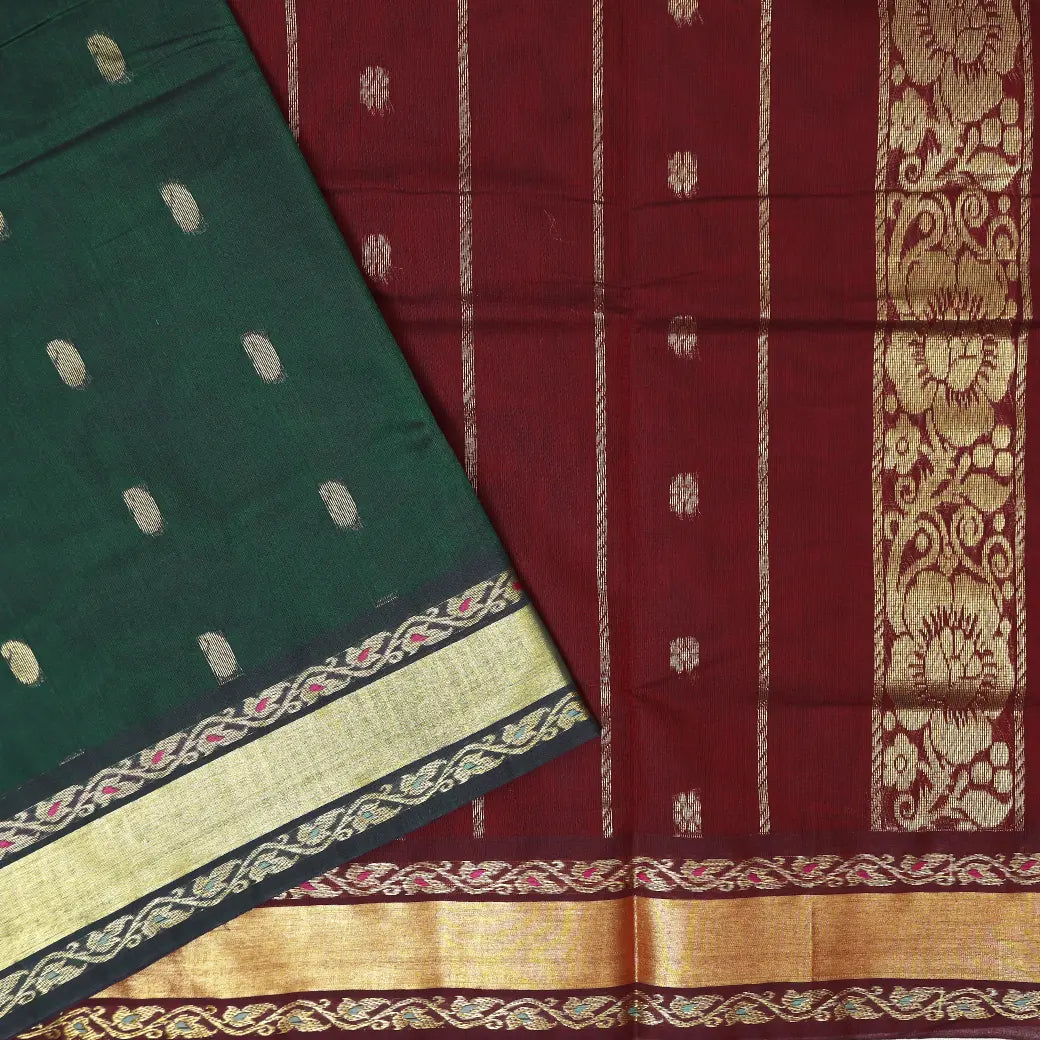 Green with Maroon Traditional Buttas Venkatagiri Pure Cotton Saree