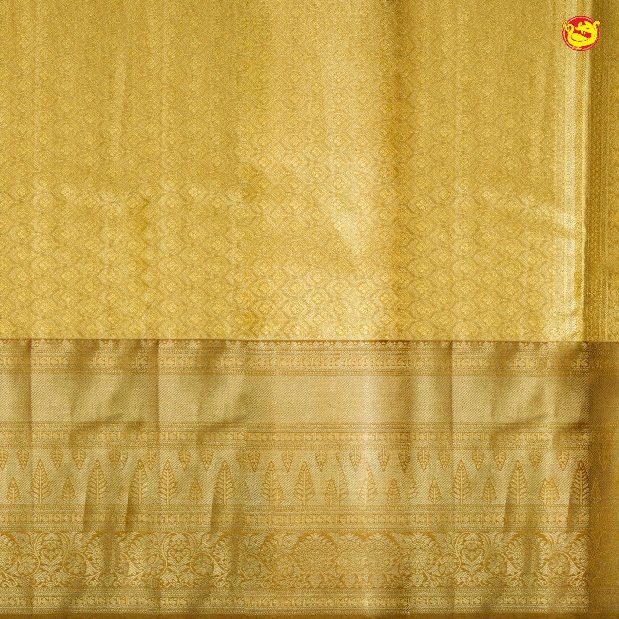 Gold With Multicolour Buttas Floral Motifs Gold Zari Long Border Pure Kanjivaram Subhalaya Wedding Silk Saree - Thenianantham