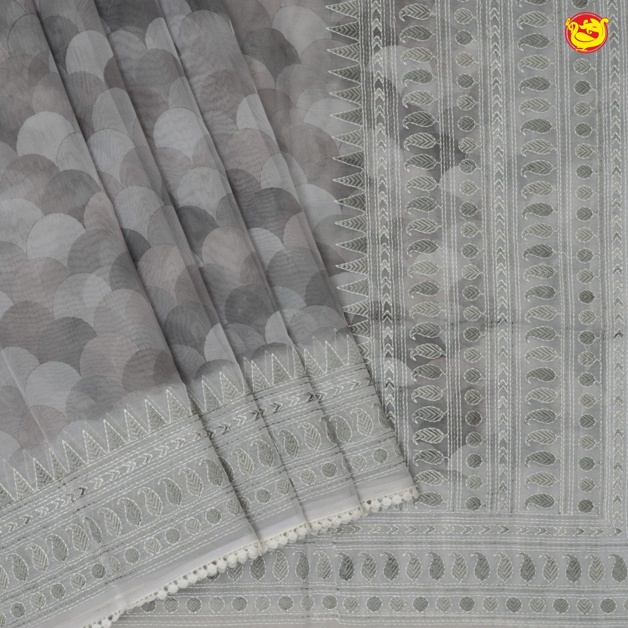 Grey With Light Brown Organza Silk With Hand Embroidered Work Saree