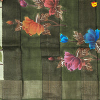 Pure Tussar Silk Saree Half White and Olive Green With Floral Design and Painted Prints and Zari Woven Border - Thenianantham