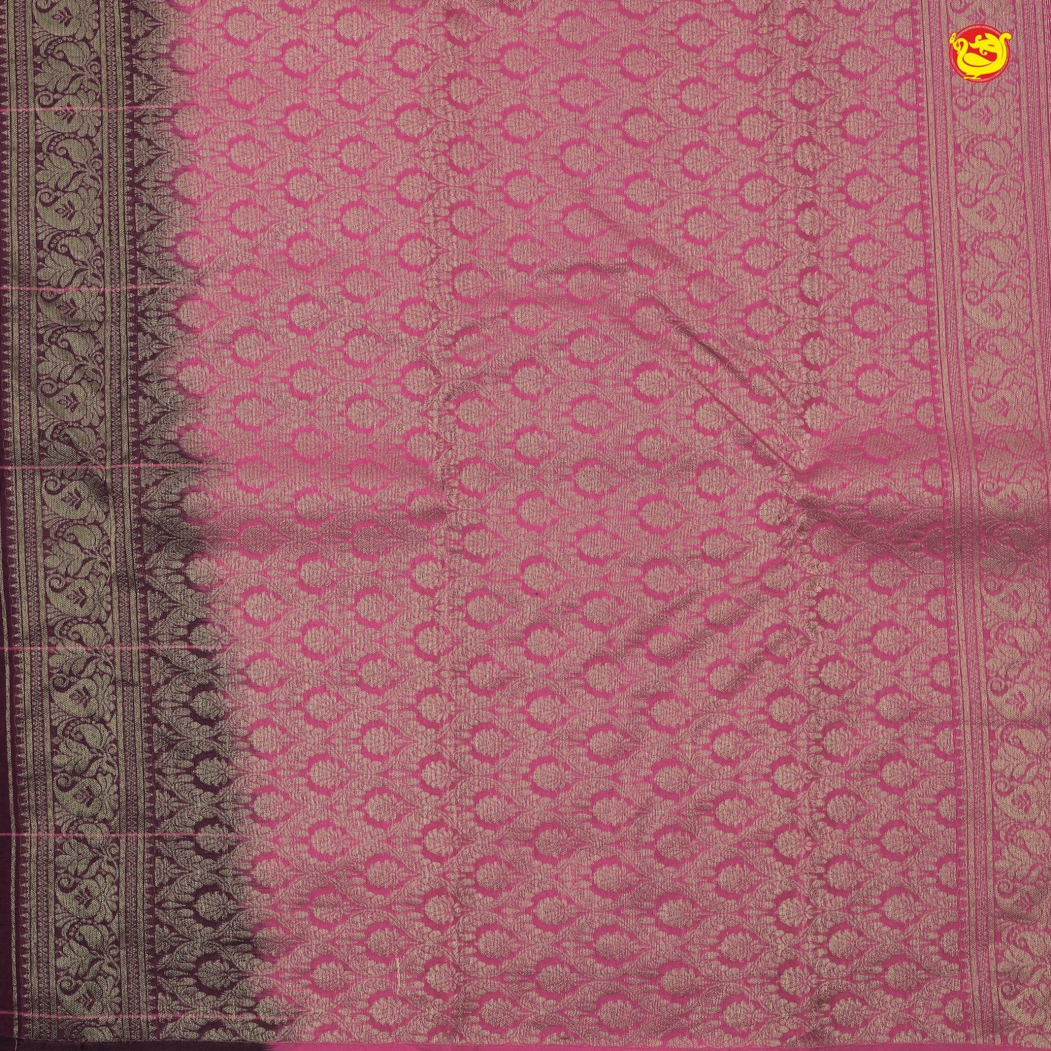 Wine With Pink Floral Buttas Motifs Gold Zari Checked Pure Kanjivaram Soft Silk Saree - Thenianantham