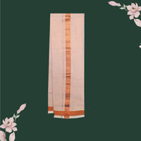 Couple Combo Tissue Silk Set – Men’s Shirt & Dhoti with Matching Women’s Saree With Coral  Colour With Copper Zari Border